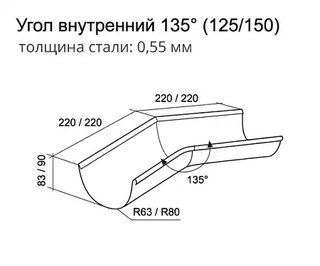 Угол желоба внутренний 135º Grand Line 125 мм, темно-серый RAL 7024