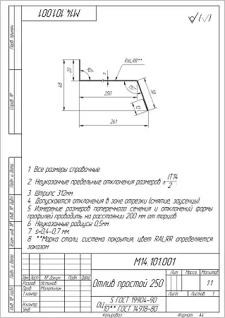 Отлив простой Grand Line (Гранд Лайн), Rooftop бархат, 250 мм