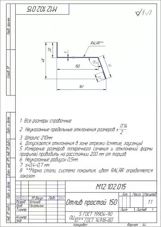 Отлив простой Grand Line (Гранд Лайн), Rooftop бархат, 150 мм