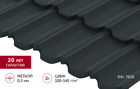 Металлочерепица Гранд Лайн / Grand Line, коллекция Kvinta Уно (модульная), 0.5 Satin Zn 140, цвет RAL 7016 (антрацитово-серый)