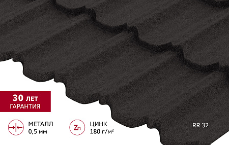 Металлочерепица Гранд Лайн / Grand Line, коллекция Kvinta Уно (модульная), 0.5 PurLite Matt Zn180, цвет RR 32 (темно-коричневый)