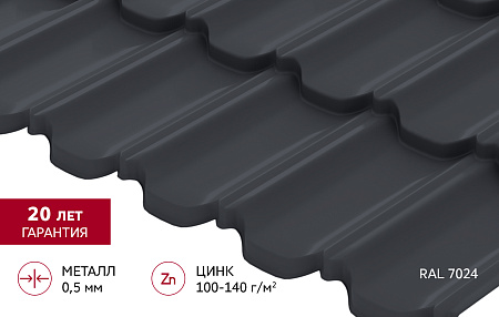 Металлочерепица Гранд Лайн / Grand Line, коллекция Kvinta Уно (модульная), 0.5 Satin Zn 140, цвет RAL 7024 (мокрый асфальт)