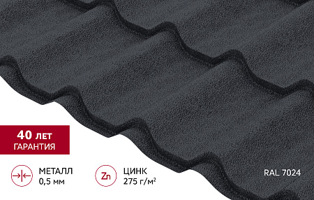 Металлочерепица Гранд Лайн / Grand Line, коллекция Классик, 0.5 PurPro Matt Zn275, цвет RAL 7024 (мокрый асфальт)