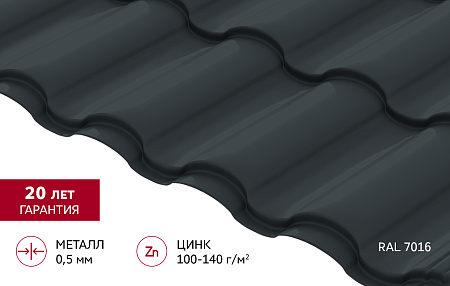 Металлочерепица Гранд Лайн / Grand Line, коллекция Kredo, 0.5 Satin Zn 140, цвет RAL 7016 (антрацитово-серый)