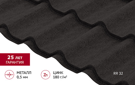 Металлочерепица Гранд Лайн / Grand Line, коллекция Классик, 0.5 Satin Matt Zn 180, цвет RR 32 (темно-коричневый)