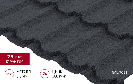 Металлочерепица Гранд Лайн / Grand Line, коллекция Kvinta плюс, 0.5 Rooftop бархат Zn 180, цвет RAL 7024 (мокрый асфальт) Металлочерепица Гранд Лайн / Grand Line, коллекция Kvinta плюс, 0.5 Rooftop бархат Zn 180, цвет RAL 7024 (мокрый асфальт)