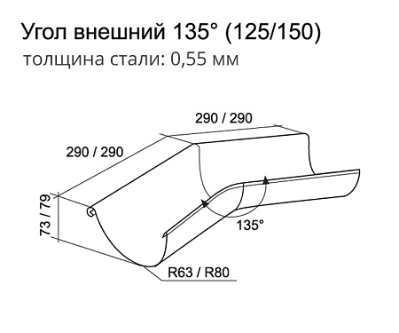 Угол желоба наружный 135º Grand Line PU 125 мм, белый RAL 9003