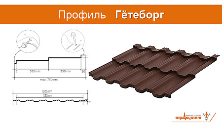 Металлочерепица Aquasystem Гетеборг, 0.5 PE, Zn 140, RAL 7024 темно-серый