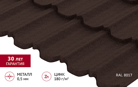 Металлочерепица Гранд Лайн / Grand Line, коллекция Kvinta Уно (модульная), 0.5 PurLite Matt Zn180, цвет RAL 8017 (шоколад)