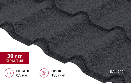 Металлочерепица Гранд Лайн / Grand Line, коллекция Kamea, 0.5 PurLite Matt Zn180, цвет RAL 7024 (мокрый асфальт)