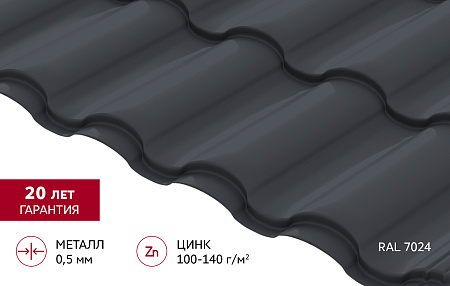 Металлочерепица Гранд Лайн / Grand Line, коллекция Kredo, 0.5 Satin Zn 140, цвет RAL 7024 (мокрый асфальт)