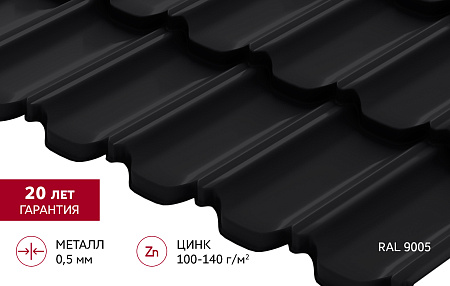 Металлочерепица Гранд Лайн / Grand Line, коллекция Kvinta Уно (модульная), 0.5 Satin Zn 140, цвет RAL 9005 (черный янтарь)