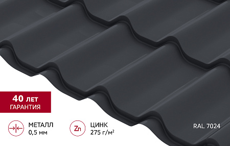 Металлочерепица Гранд Лайн / Grand Line, коллекция Классик, 0.5 PurPro Zn275, цвет RAL 7024 (мокрый асфальт)