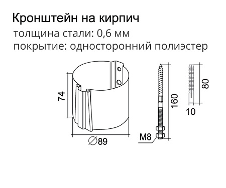 Кронштейн трубы на кирпич, круглый D125/90 Grand Line PE, RAL 7024 мокрый асфальт