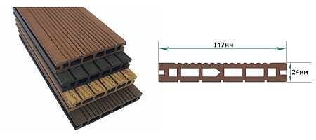 Террасная доска Классик Terrapol / Террапол ДПК пустотелая с пазом, 3000х147х24 мм, цвет слива